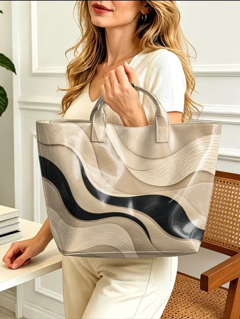 Women Beige Wavy PVC Tote Bag Large Daily Commute Hand Tote